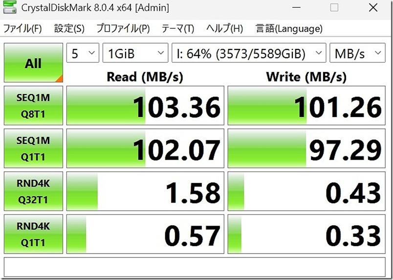 約2年3ヶ月後のCrystalDiskMarkの情報。Seagate ST6000DM003(6TB)