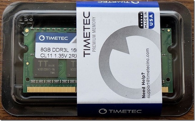 メモリはTIMETEC,8GB,DDR3L,1600,1.35V,PC3,12800,1.35v,204Pin