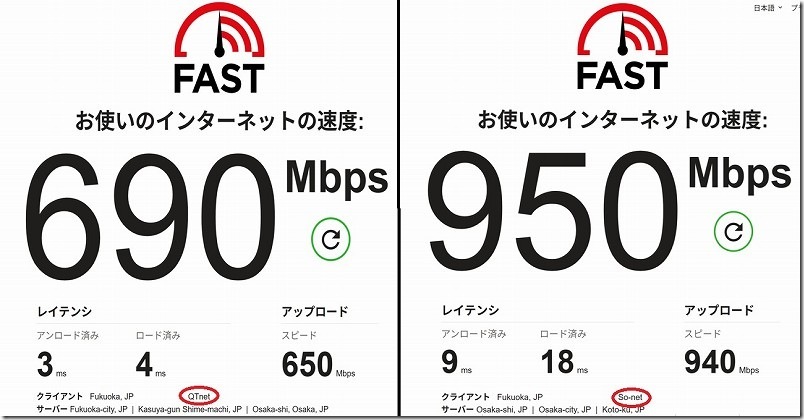 有線で回線速度を比較（ルーター起動直後） 左：BBIQで提供される iA201WL4／右：NURO光で提供されるSGP200W